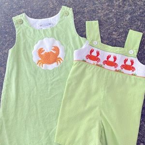 appliqué crab dress (2T) & smocked shortall (6 mo)
